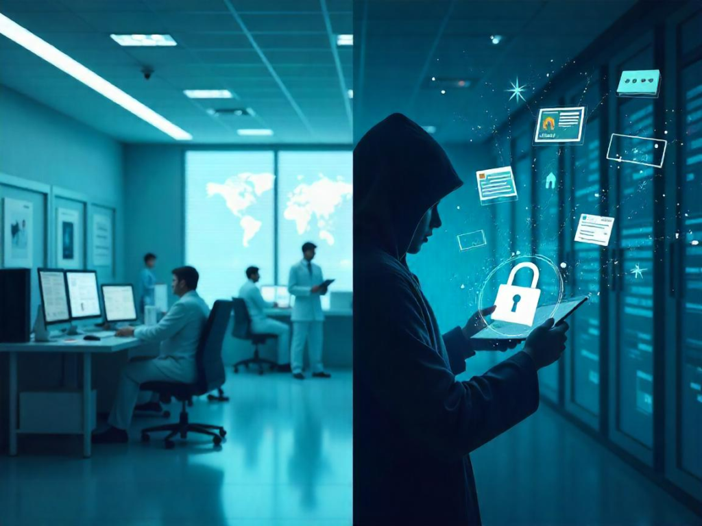 Medical data breach in Indian hospital – hacker accessing patient records digitally.