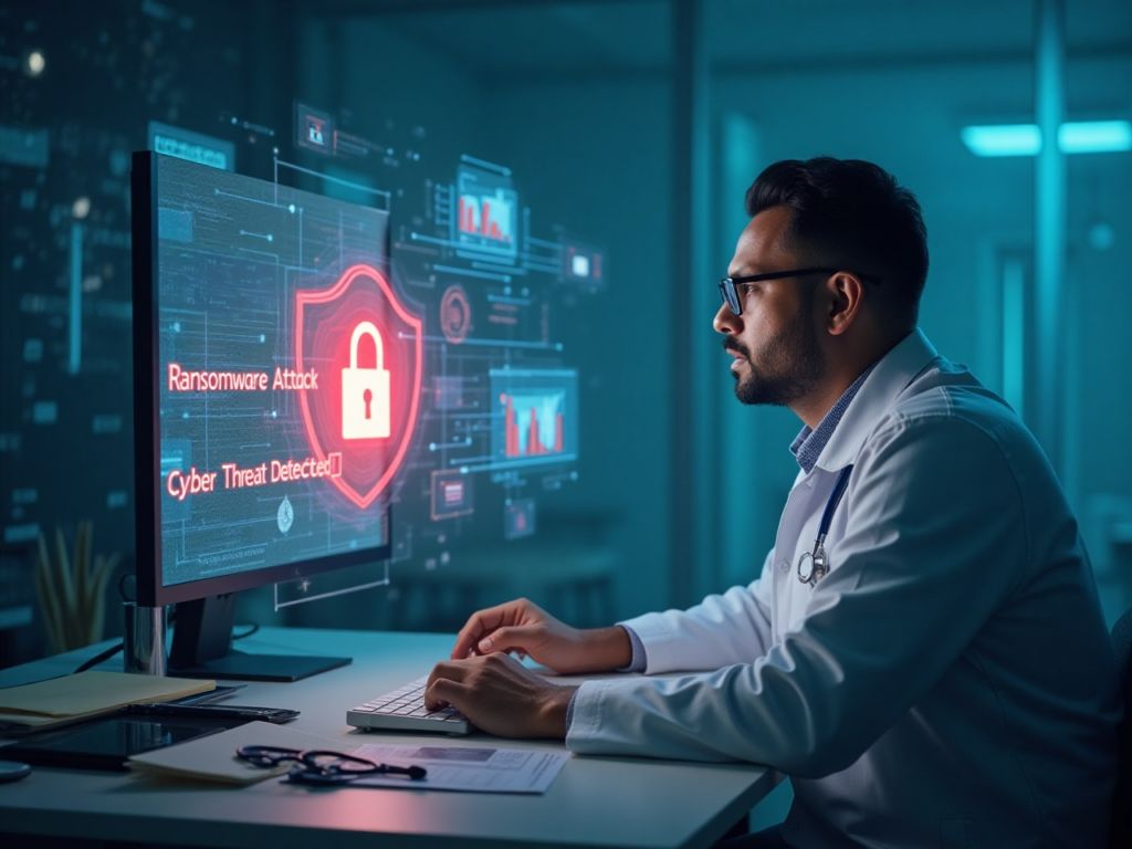 Indian doctor viewing cyber threat alerts on a computer, with a digital shield symbolizing cyber insurance