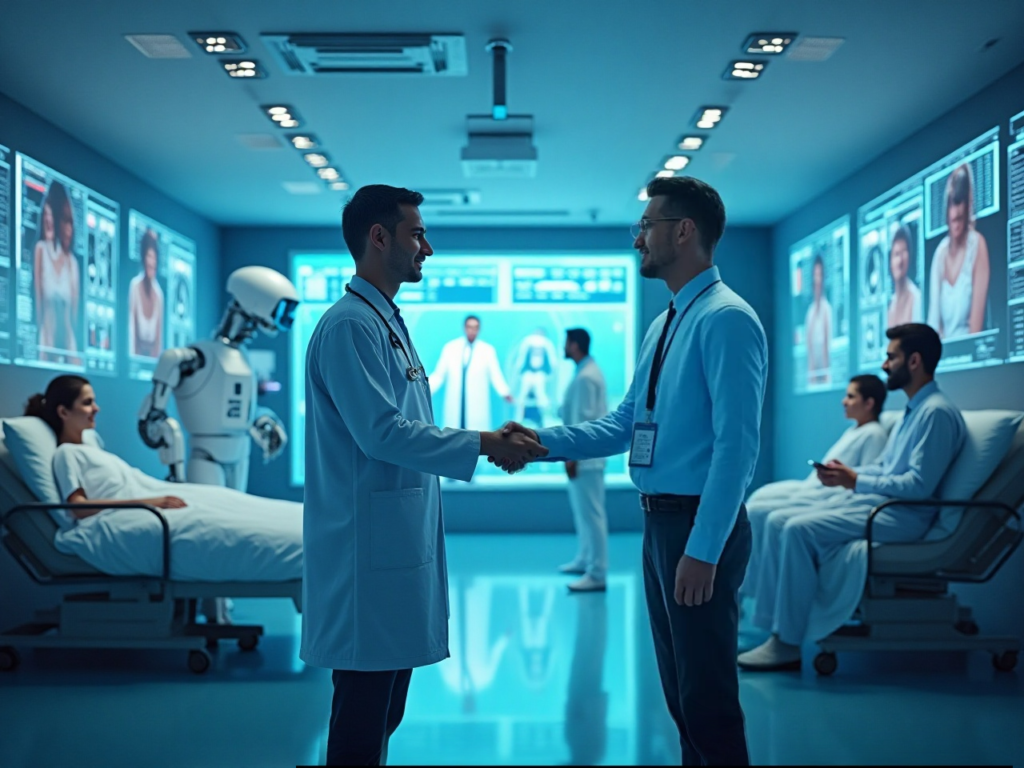 Doctor and engineer shaking hands in a tech-enabled hospital.