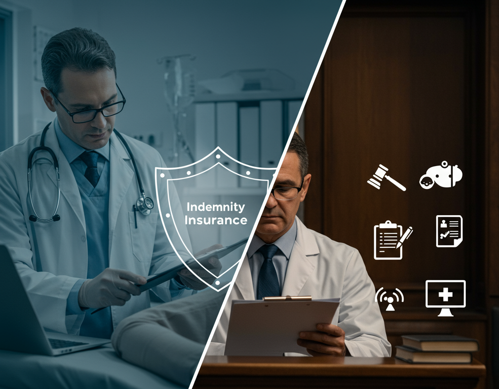 "A visual split between a doctor treating a patient having Indemnity Insurance and the same doctor facing legal paperwork due to not having Indemnity Insurance