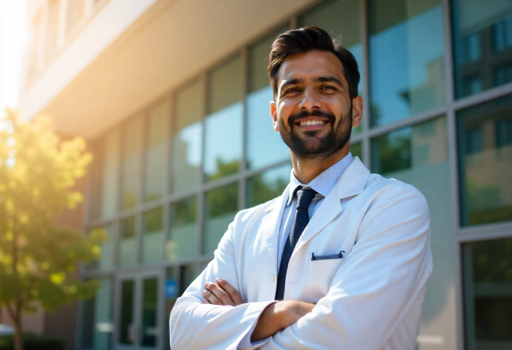 a confident doctor with a health insurance