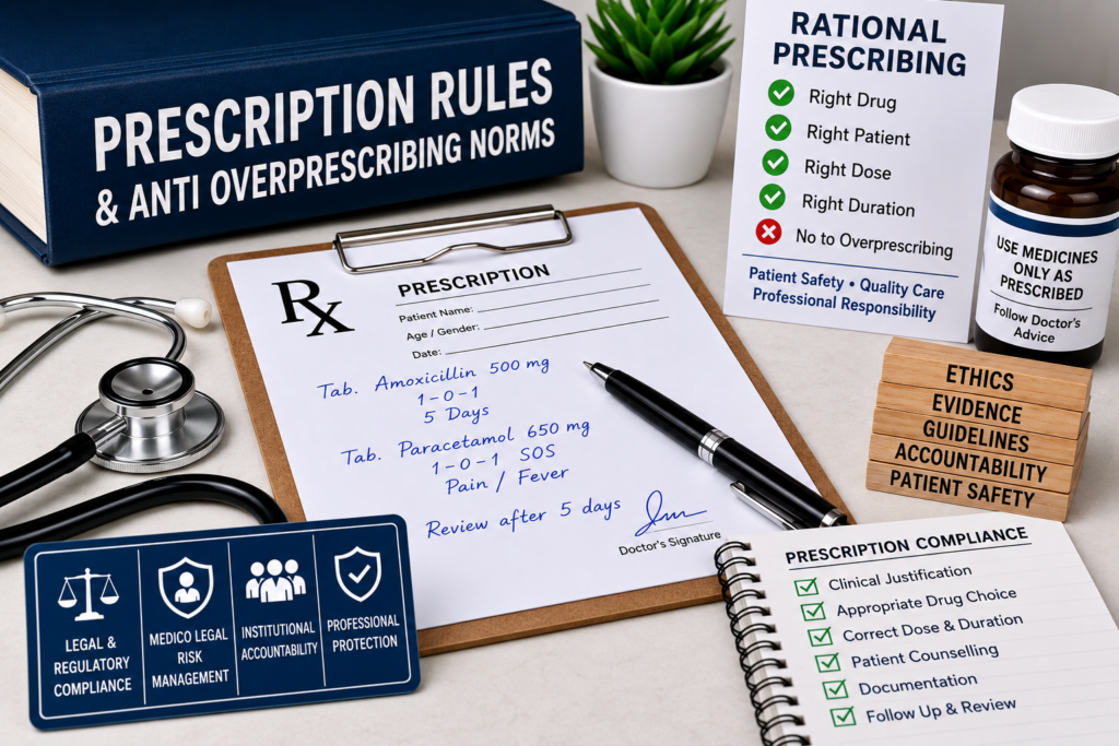 A prescription pad with medicines, a stethoscope, medical documents, and compliance checklists displayed on a desk, representing rational prescribing, prescription regulations, patient safety, ethical medical practice, and anti overprescribing norms in healthcare.
