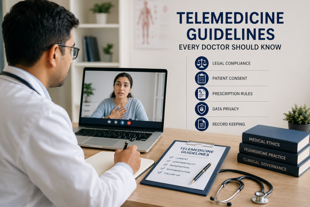 Doctor conducting a telemedicine consultation while following telemedicine guidelines for secure online patient care in India.