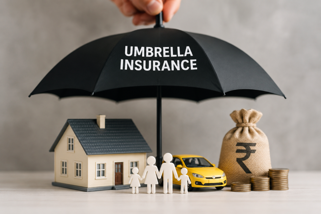Umbrella insurance concept showing an umbrella protecting a house, family, car, and money to represent extra liability coverage and asset protection.