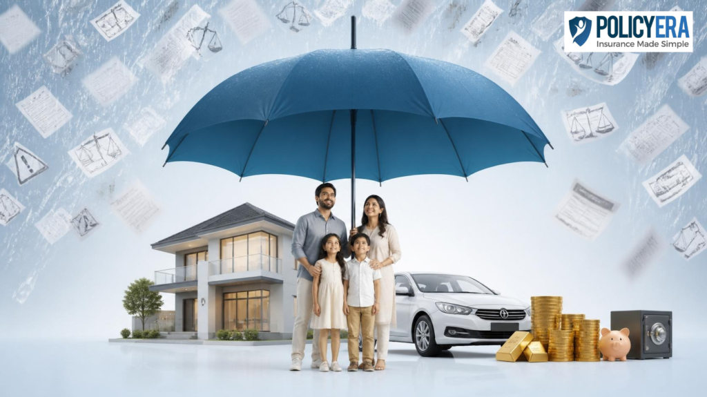Umbrella insurance protecting an Indian family, home, car, and financial assets from legal claims and unexpected liability risks.