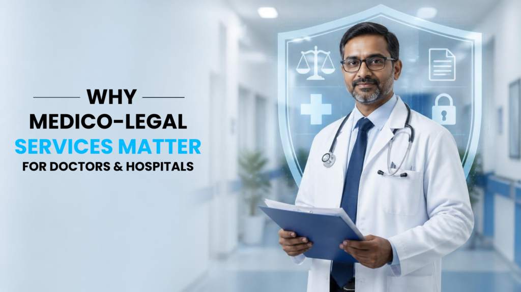 Doctor with medico-legal protection shield representing legal risk management services for doctors and hospitals