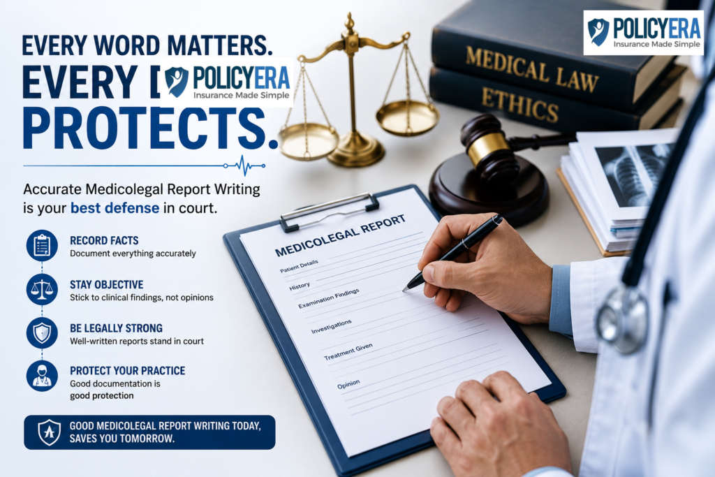 Doctor writing a medicolegal report with medical law books, scales of justice, and a gavel, highlighting accurate documentation for legal protection.