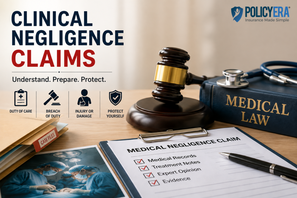 Clinical negligence claims with medical law, gavel, stethoscope, case files, and professional protection concepts for doctors.