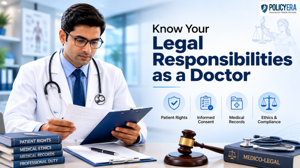 Indian doctor reviewing medical documents with legal symbols representing the legal obligations every doctor must follow.