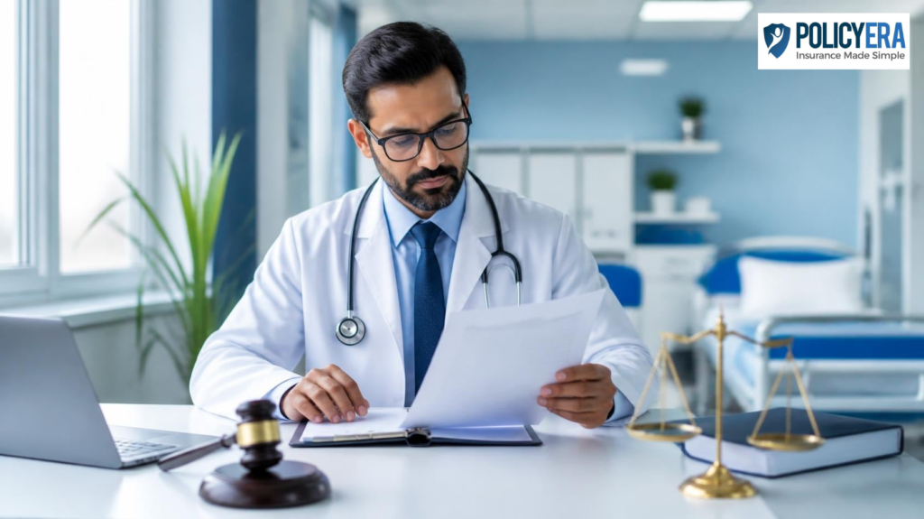Doctor reviewing medical records with legal documents, gavel, and scales of justice, representing a medicolegal case in a hospital setting.