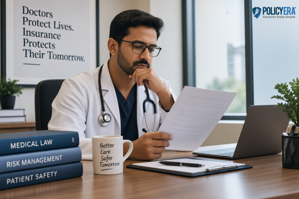 Doctor reviewing medical indemnity insurance for professional legal protection