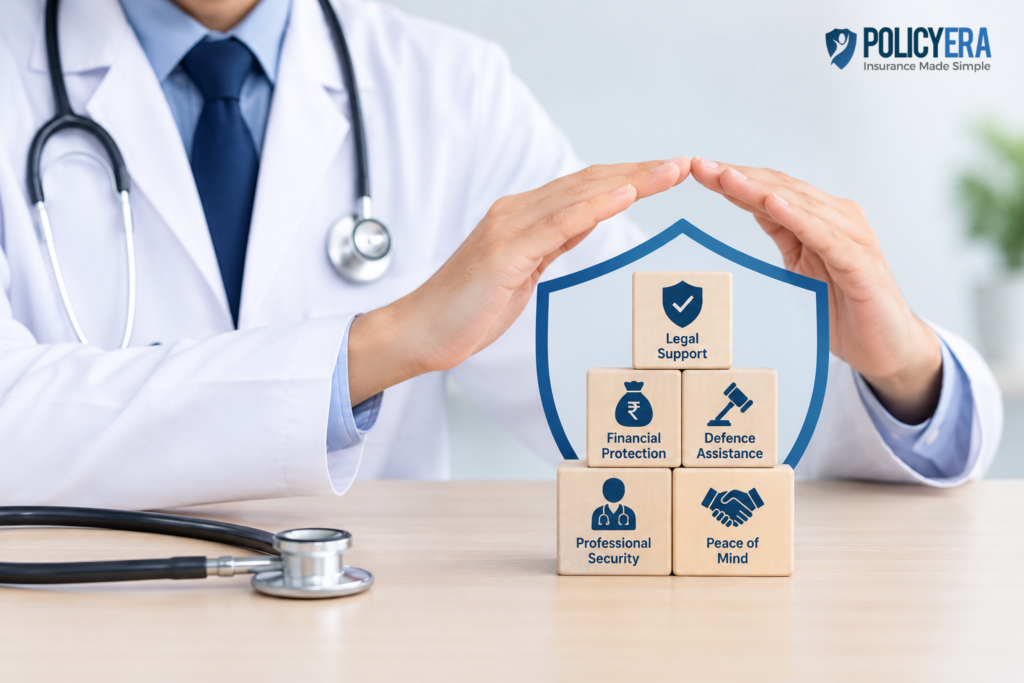 Doctor protected by a shield representing Professional Indemnity Insurance, with legal support, financial protection and professional security.