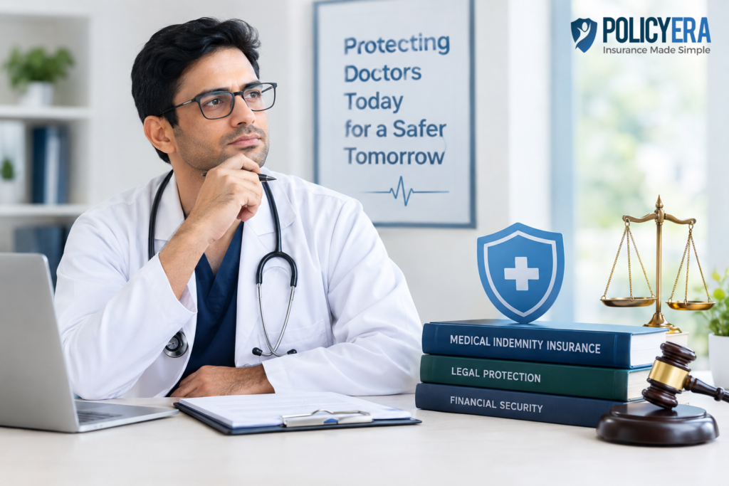 Doctor with stethoscope beside medical indemnity insurance and legal protection symbols.