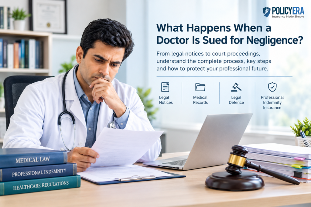 Doctor reviewing medical negligence documents with legal notice, medical records, legal defence and professional indemnity insurance concepts.